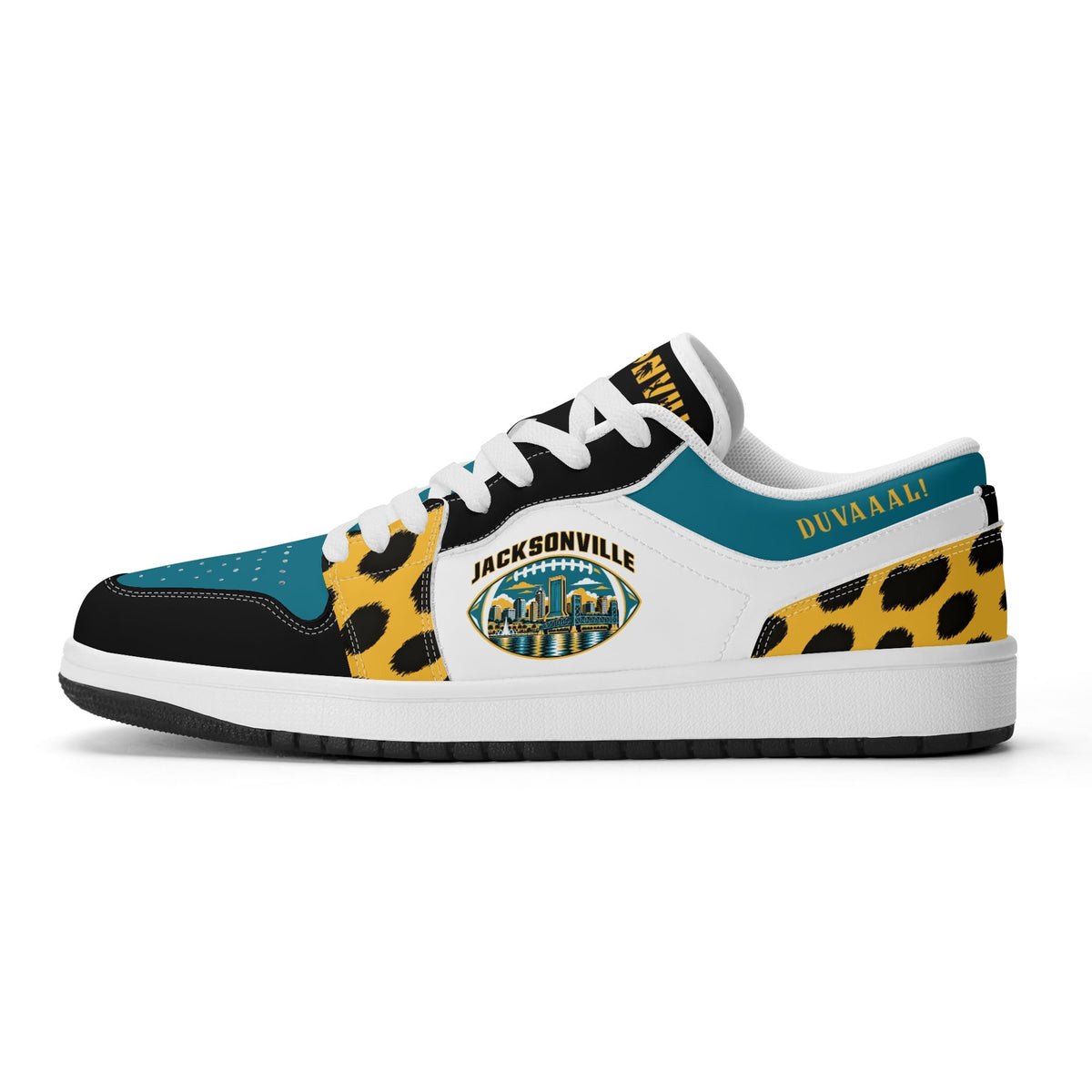 Side view of Jacksonville football low tops with a skyline football badge, white laces