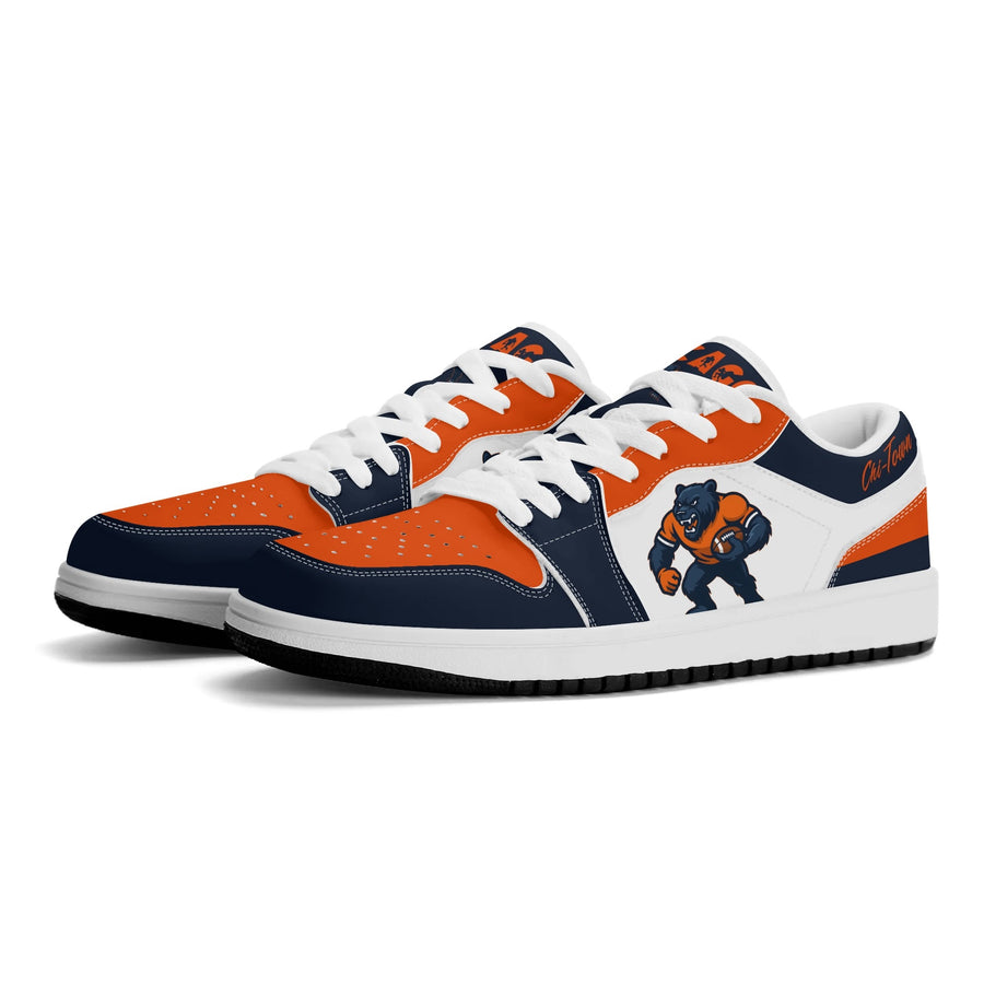 Chicago football low tops in white, navy and orange with a bold mascot graphic, three-quarter view, white laces