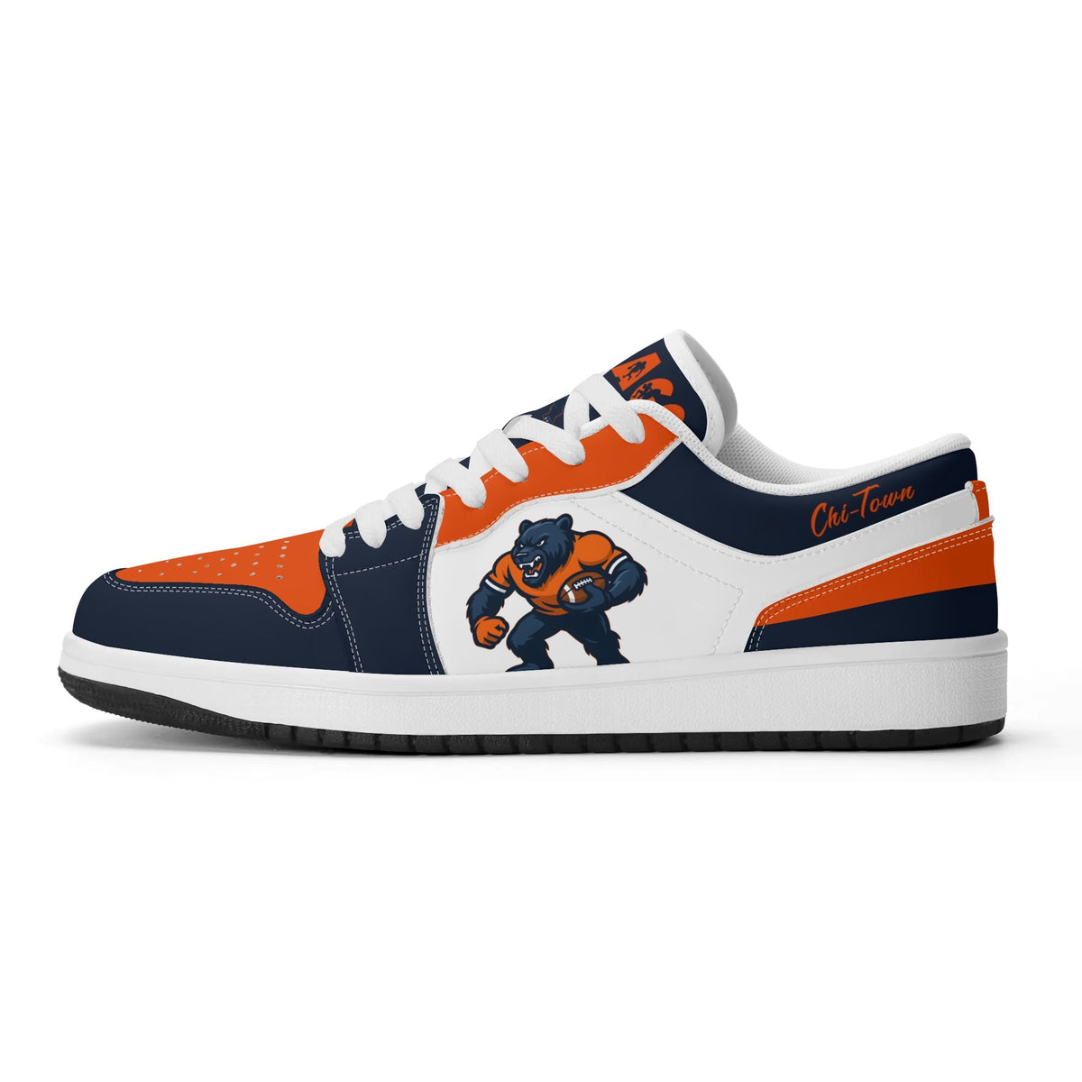 Side view of Chicago football low tops with a bold mascot graphic, white laces