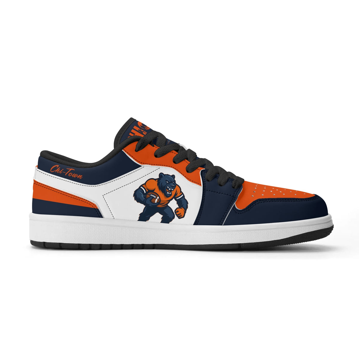 Opposite side of Chicago football low tops with black laces and Chi-Town script on the collar