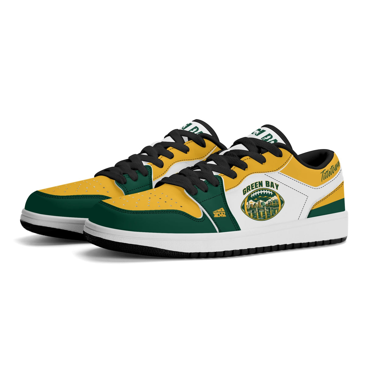 Green Bay football low tops in white, green and gold, three-quarter view with black laces and black lining