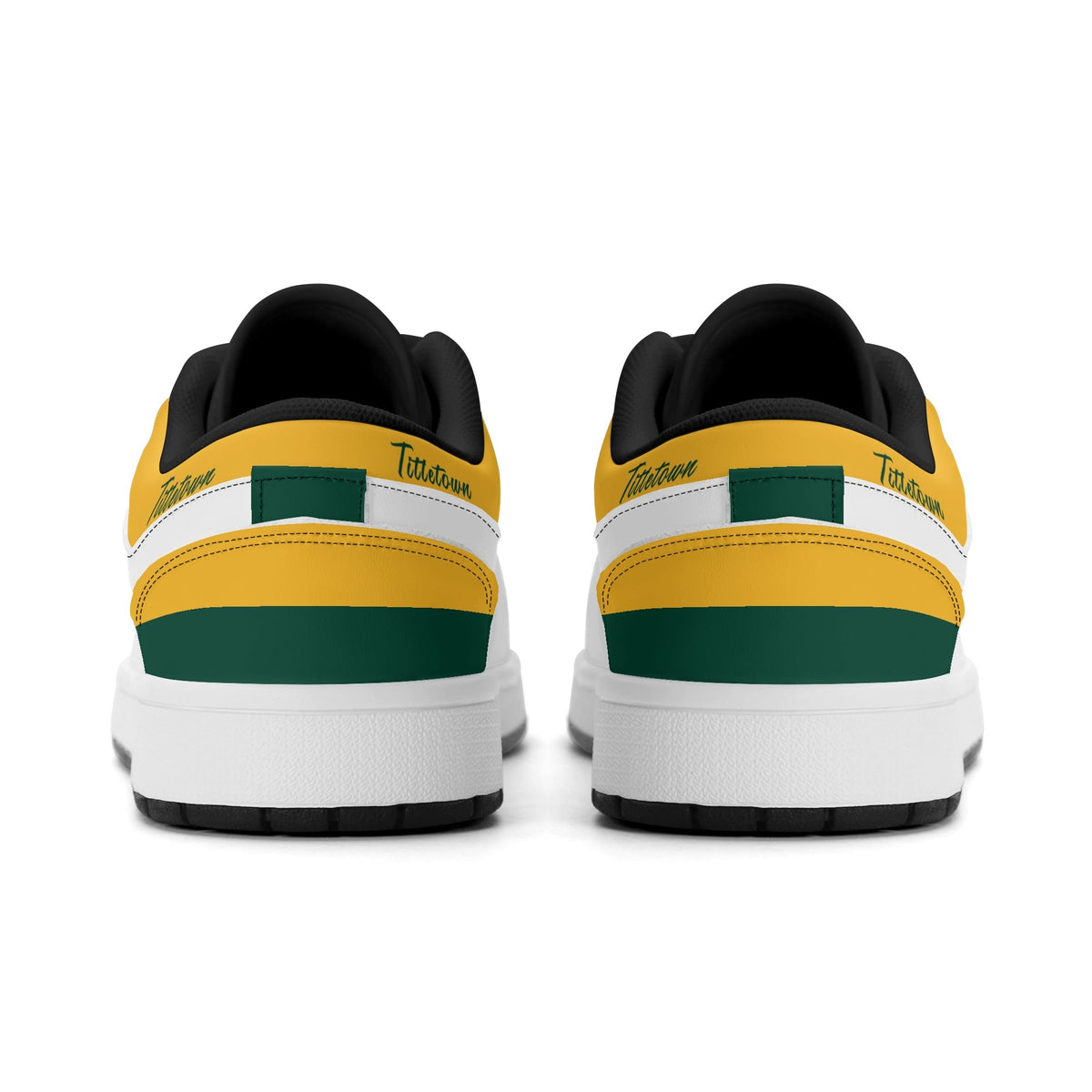 Heel view of Green Bay football low tops with black lining