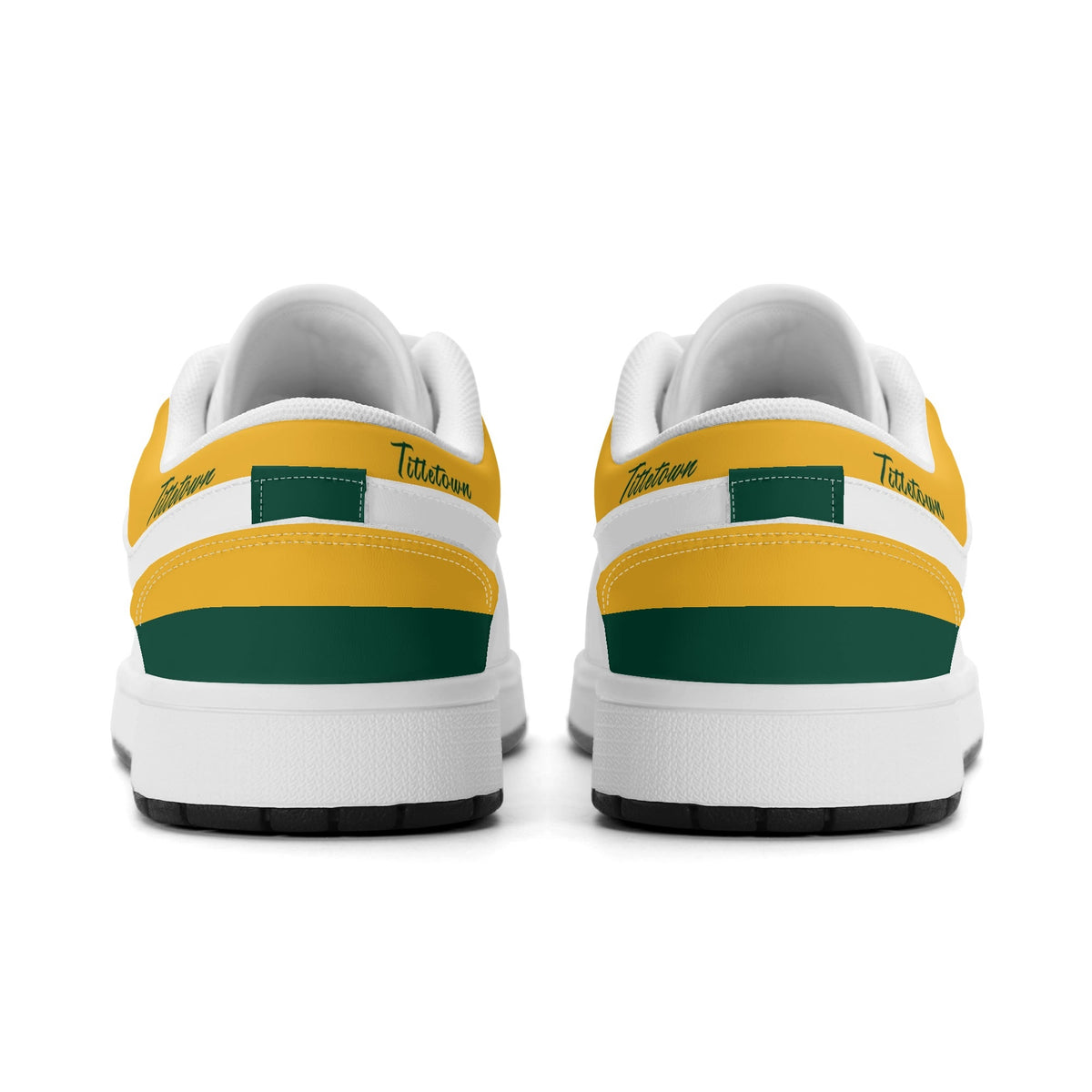 Heel view of Green Bay football low tops with green and gold heel stripes