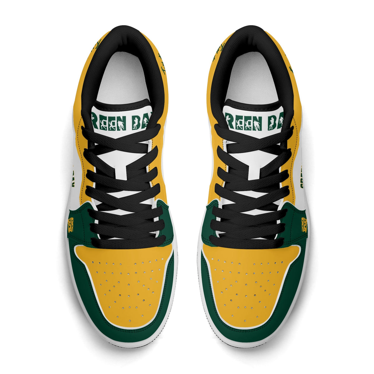 Top view of Green Bay football low tops with black laces and Green Bay on the tongue