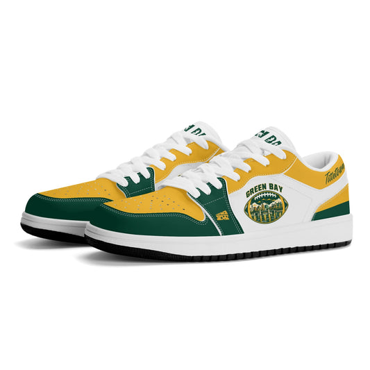 Green Bay football low tops in white, green and gold with a skyline football badge, three-quarter view, white laces
