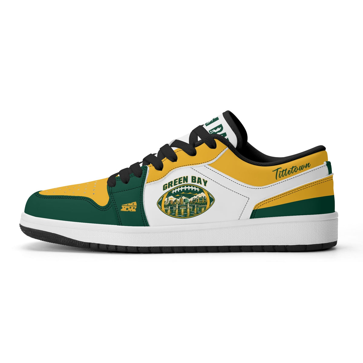 Side view of Green Bay football low tops with black laces