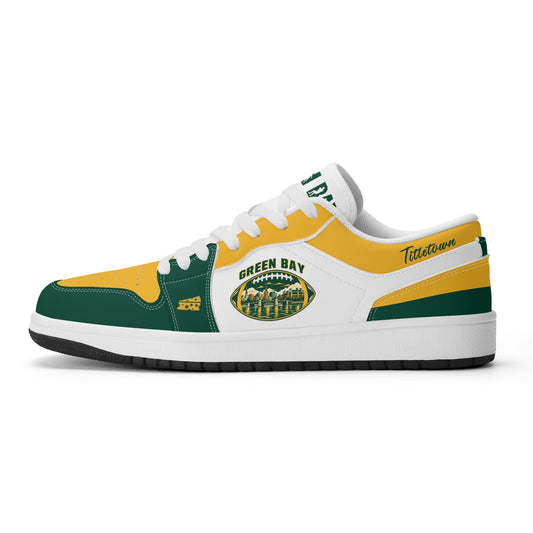 Side view of Green Bay football low tops with a skyline football badge, white laces