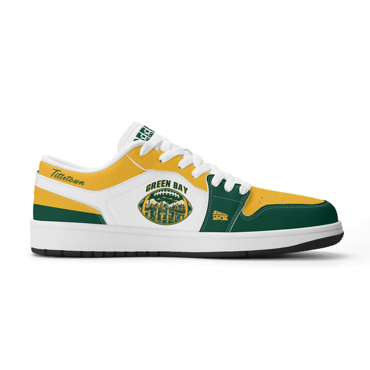 Opposite side of Green Bay football low tops with Titletown script on the collar
