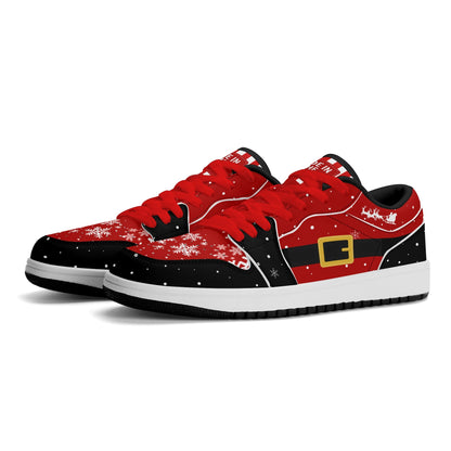 Santa suit Christmas low tops shown with red laces, three-quarter view