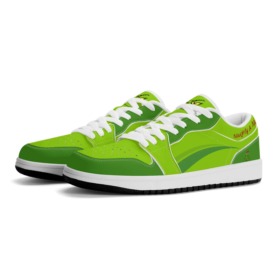 Naughty & Nice Christmas low tops in lime green with red script on the collar, three-quarter view, white laces