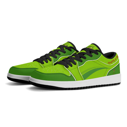 Naughty & Nice Christmas low tops in lime green, three-quarter view with black laces and black lining
