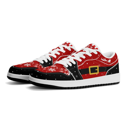 Santa suit Christmas low tops in red and black with a black belt and gold buckle, three-quarter view, white laces
