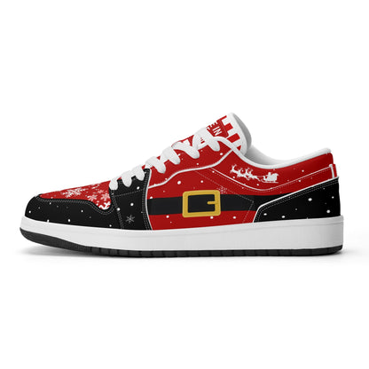 Side view of Santa suit Christmas low tops with a black belt and gold buckle, white laces