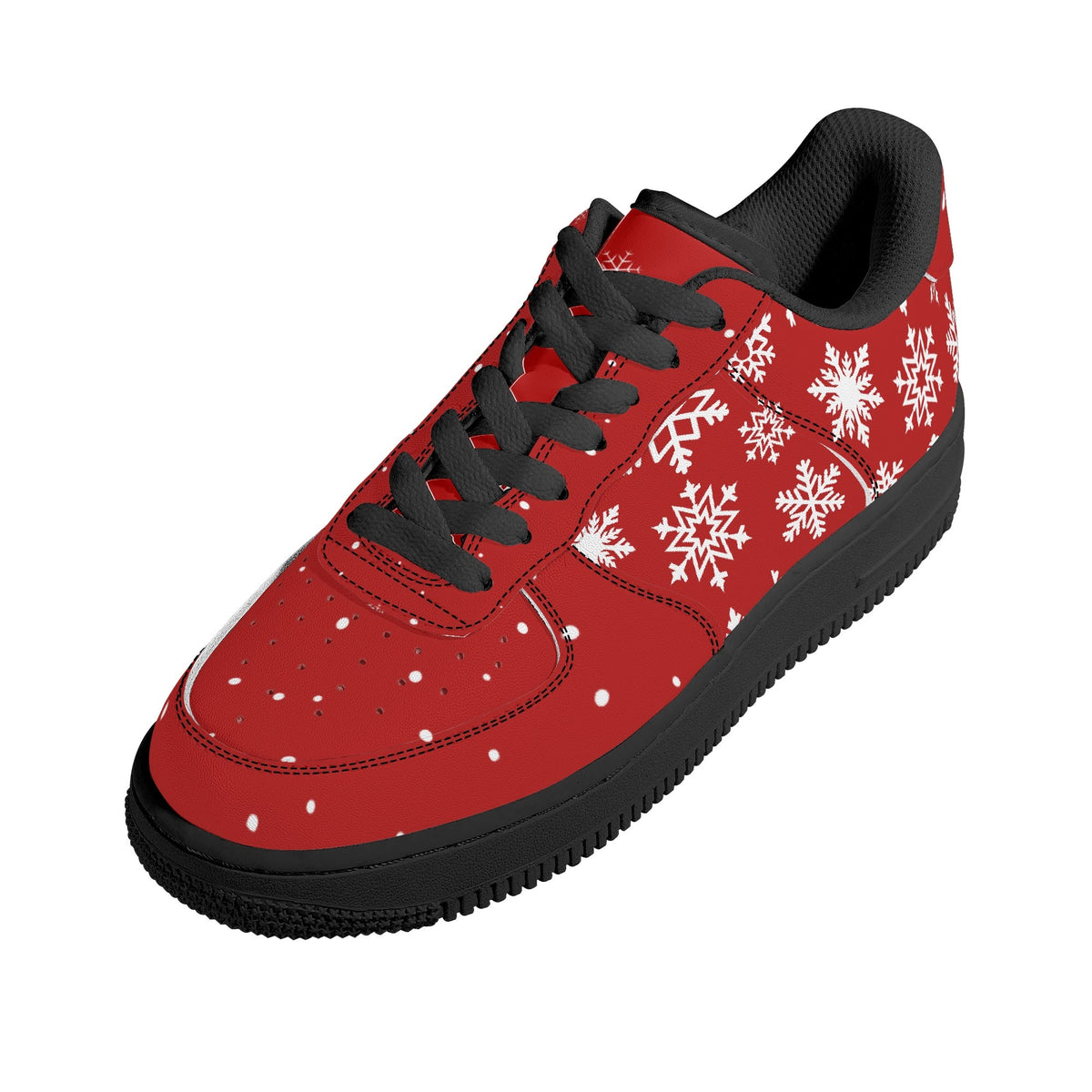 Red snowflake low top from above with snow dots on the toe, black laces and black lining