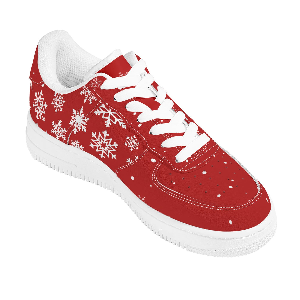Red snowflake low top from the other side, showing white laces, white lining and a white sole