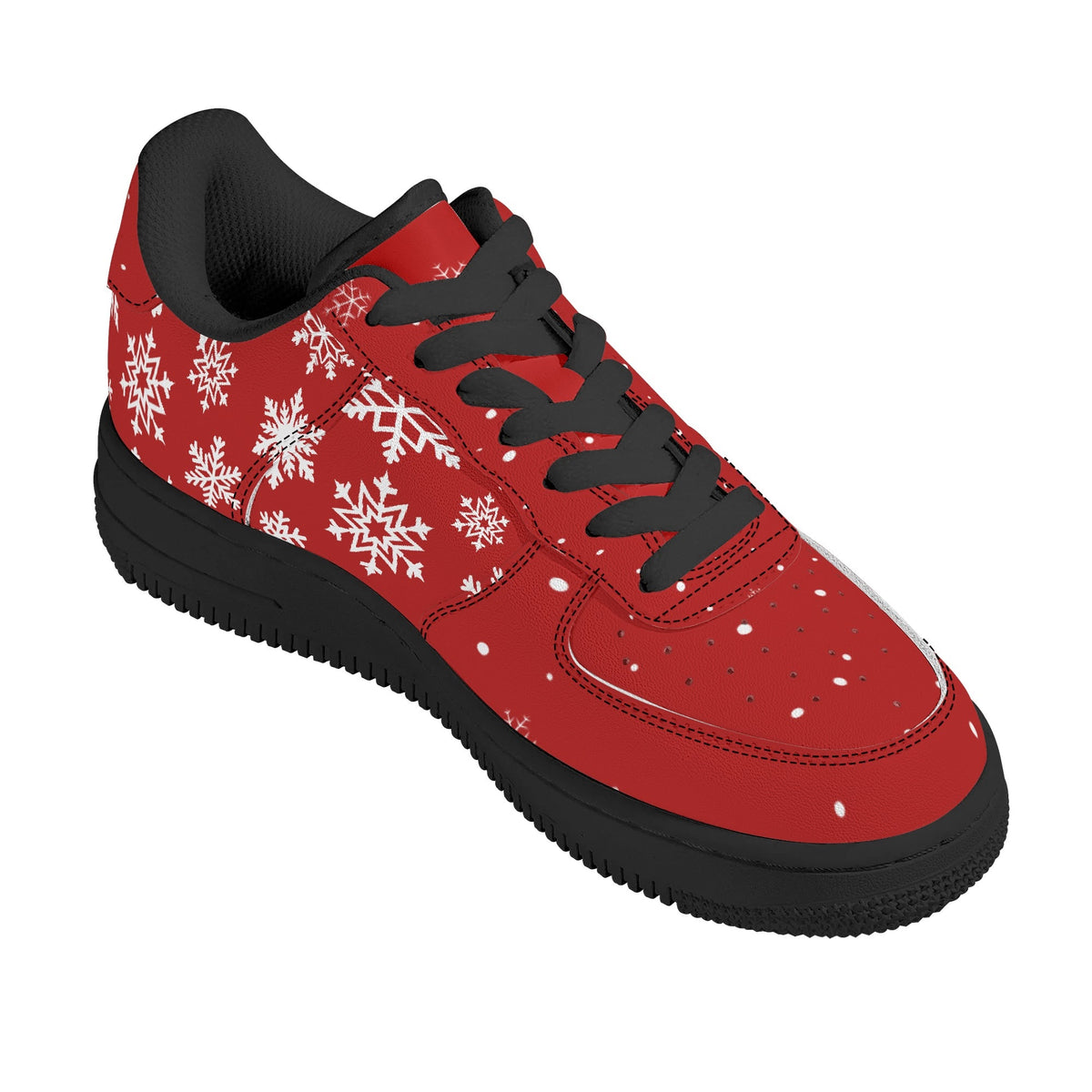 Red snowflake low top from the other side, showing black laces, black lining and a black sole