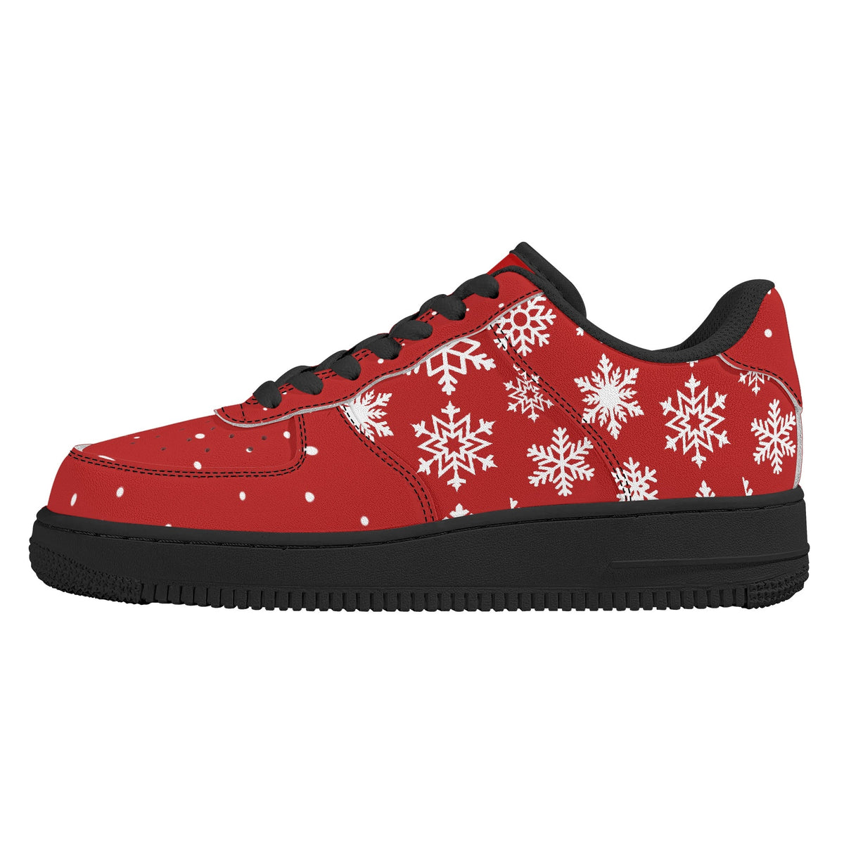Side view of a red Christmas low top with white snowflakes across the side, black laces and a black sole