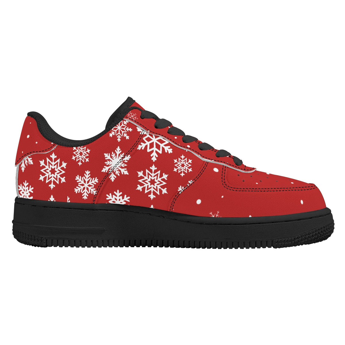 Opposite side of a red Christmas low top with white snowflakes, snow dots on the toe and a black sole