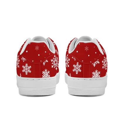 Heel view of red Christmas low tops with white snowflakes around the heel, white lining and white soles