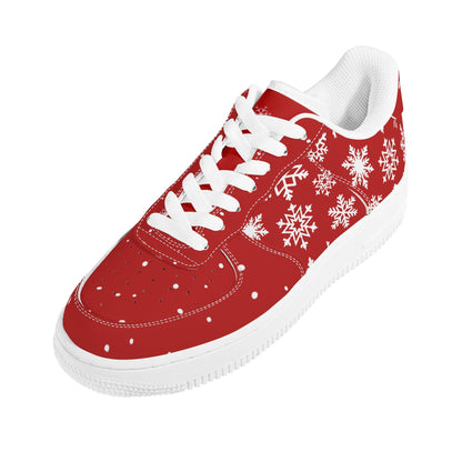 Red snowflake low top from above with snow dots on the toe, white laces and white lining