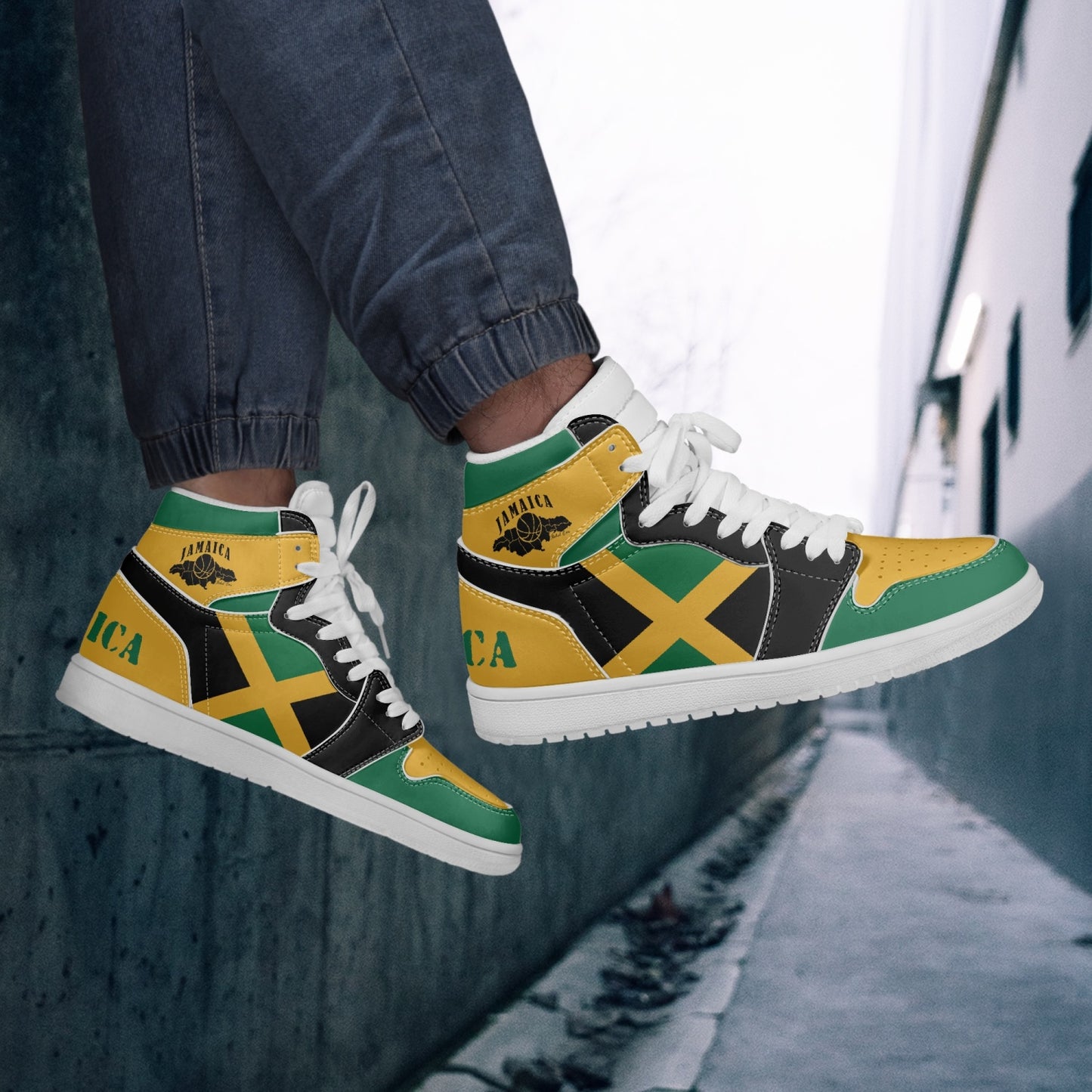 Jamaican Flag Colors Hightop Basketball Sneakers - White