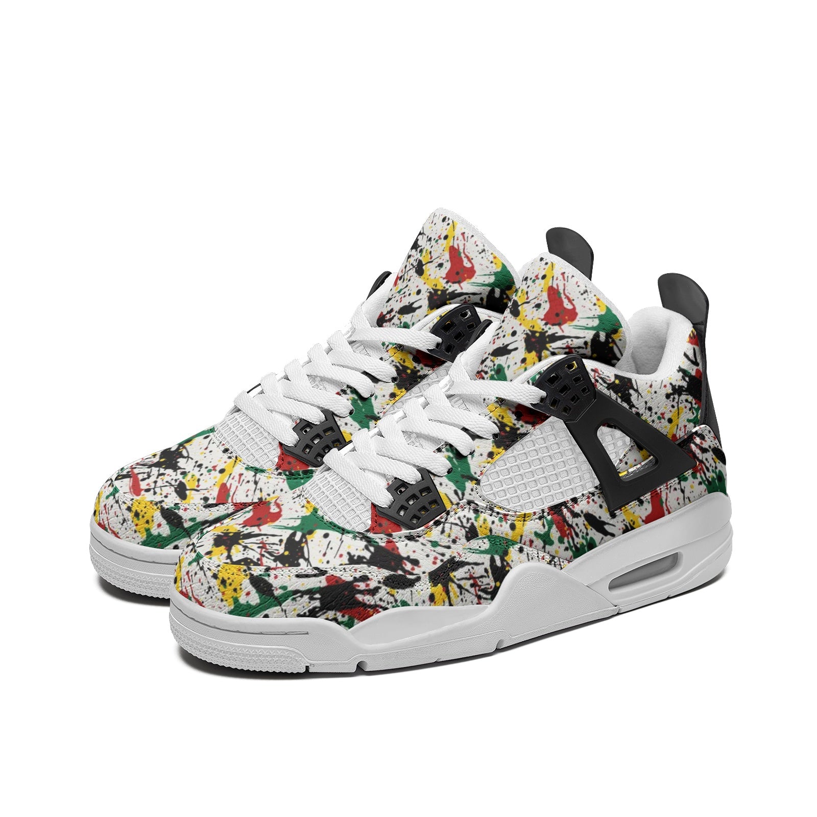 Paint Splatter Shoes Cheap for Men and Women, Rasta Colors Shoes For Sale, Rasta Colors Low Tops, Jamaica Colors Sneakers on a white background as a product image.