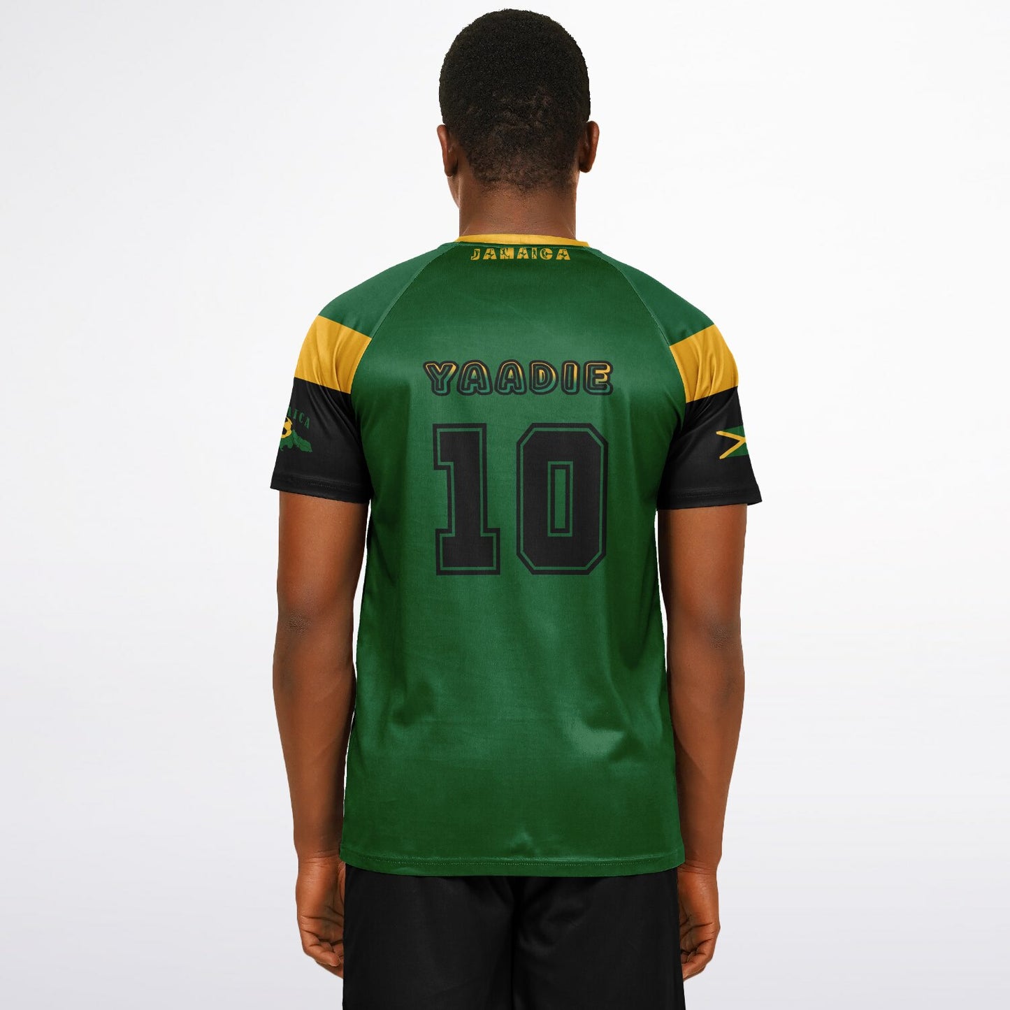 Model seen from behind in the jersey, showing the uncluttered back with name and number only.