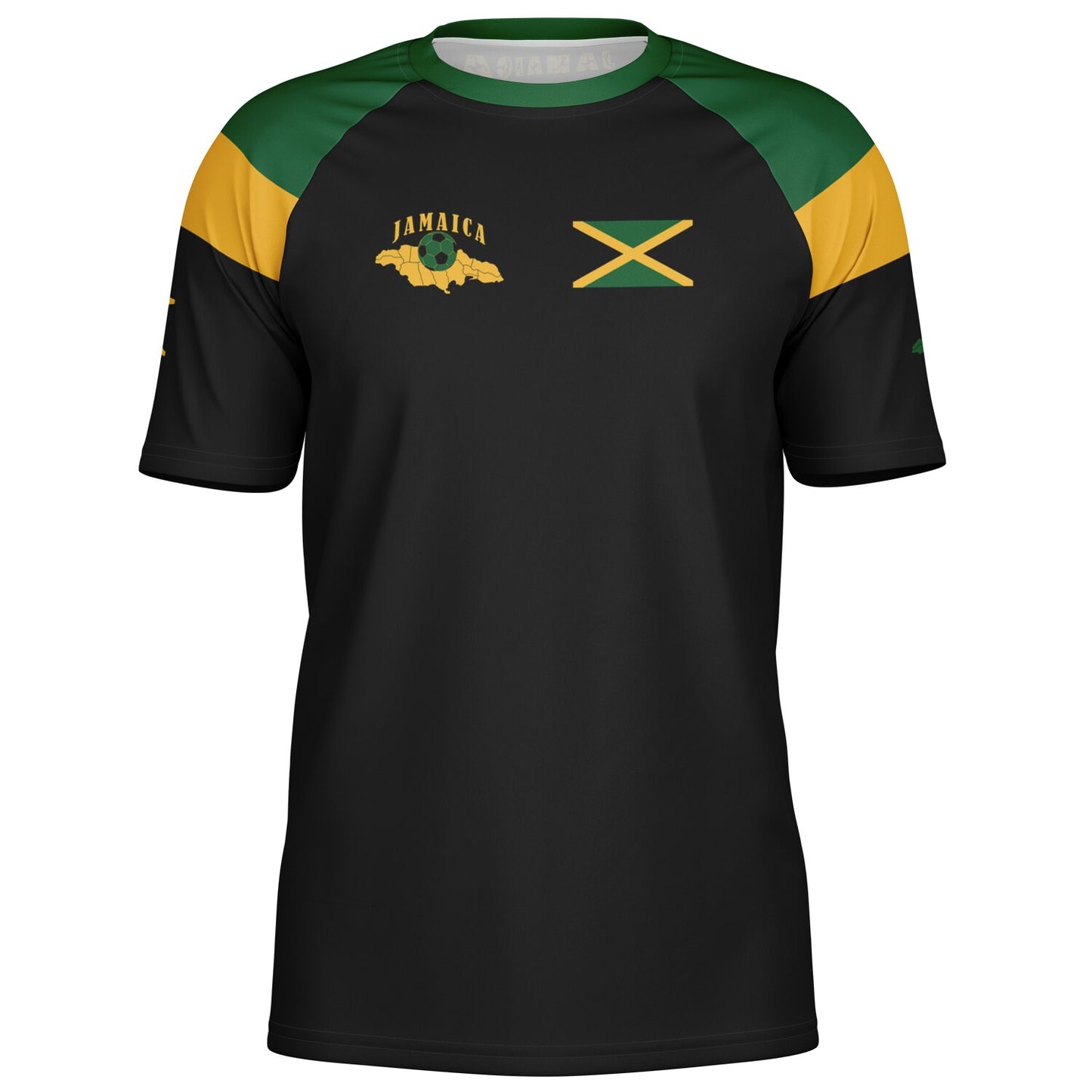 Front view of the black Jamaica football shirt with green and gold shoulder blocking and small chest prints.