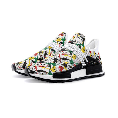 Paint Splatter Shoes Cheap for Men and Women, Rasta Colors Shoes For Sale, Rasta Colors Low Tops, Jamaica Colors Sneakers on a white background as a product image.