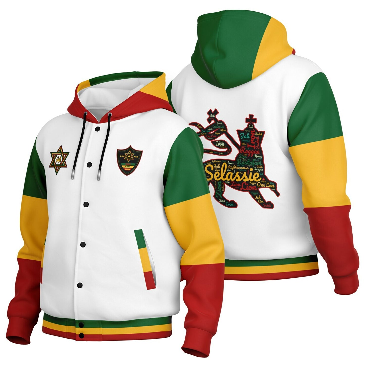 Rasta Lion Of Judah Hooded Baseball Jacket White