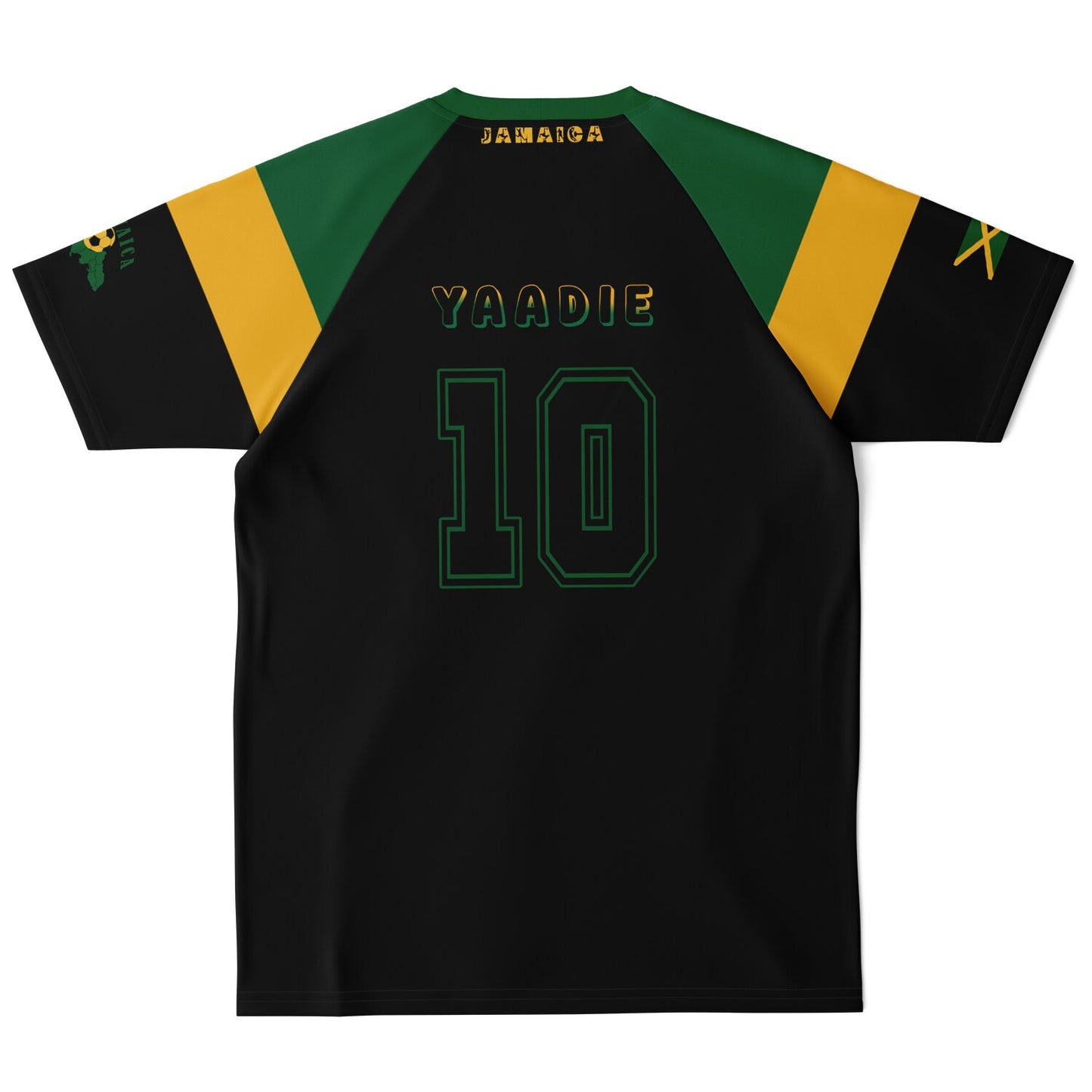 Plain back of the black Jamaica jersey showing Yaadie and number 10 in green with no map graphic.