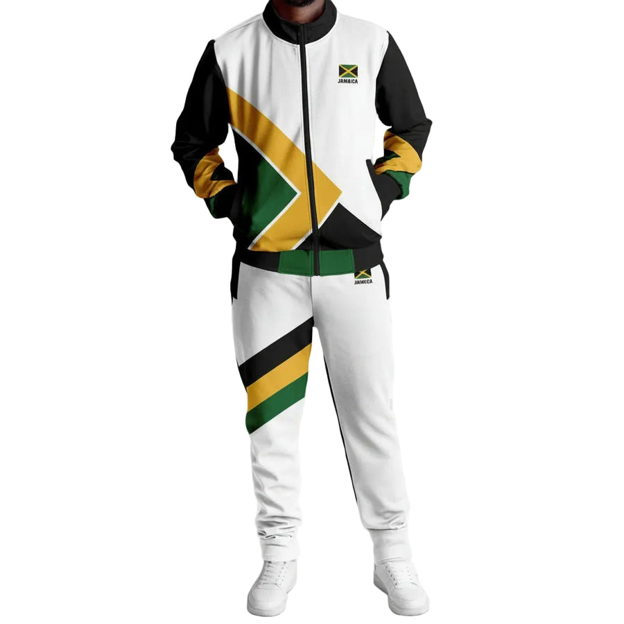 Jamaican flag-themed tracksuit on a white background
