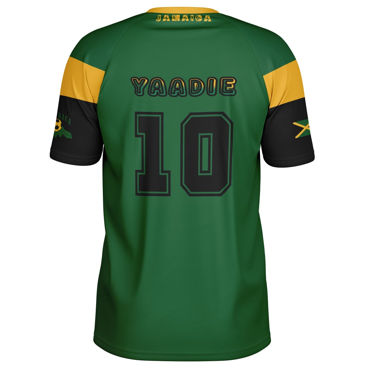 Back view close on the black Yaadie name and number 10 with gold Jamaica collar wordmark.