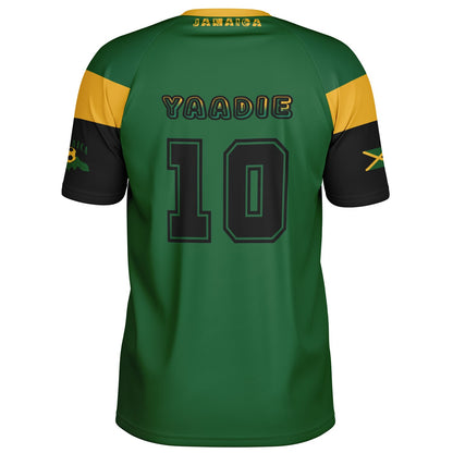 Back view close on the black Yaadie name and number 10 with gold Jamaica collar wordmark.