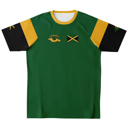 Front of green Jamaica soccer jersey with gold shoulders, black sleeves, chest flag and island map.