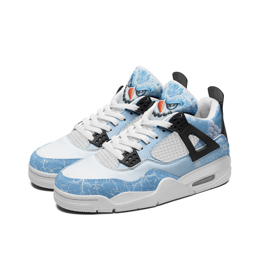 Snowman Christmas sneakers in ice blue with a grumpy snowman face on the tongue, pair at a three-quarter angle