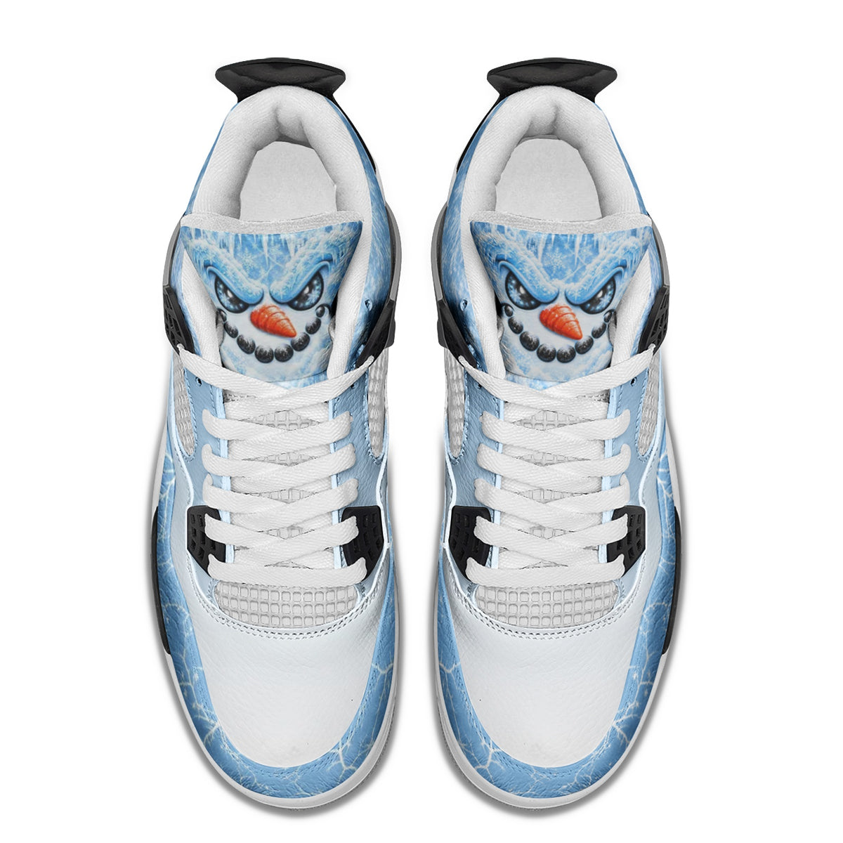 Top view of the snowman Christmas sneakers showing the snowman faces on the tongues and white toes