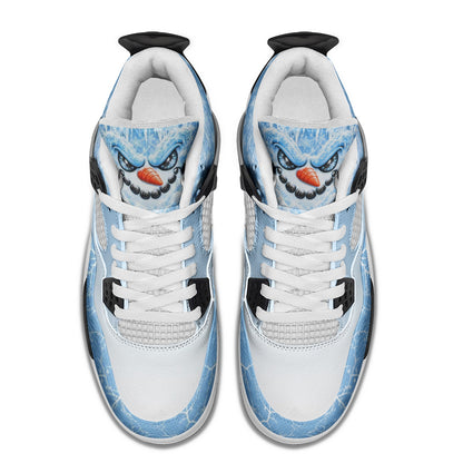 Top view of the snowman Christmas sneakers showing the snowman faces on the tongues and white toes