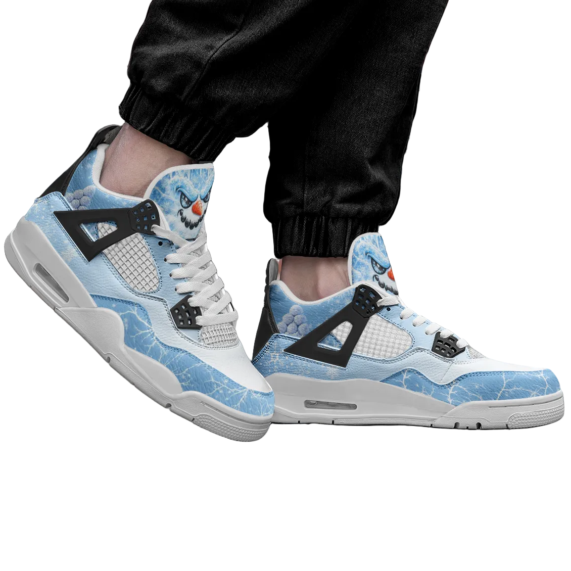 Snowman Christmas mid tops worn with black joggers, showing the ice blue frost print and black lace wings