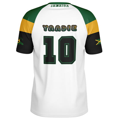 Plain back view with Jamaica collar wordmark, Yaadie name and black number 10.
