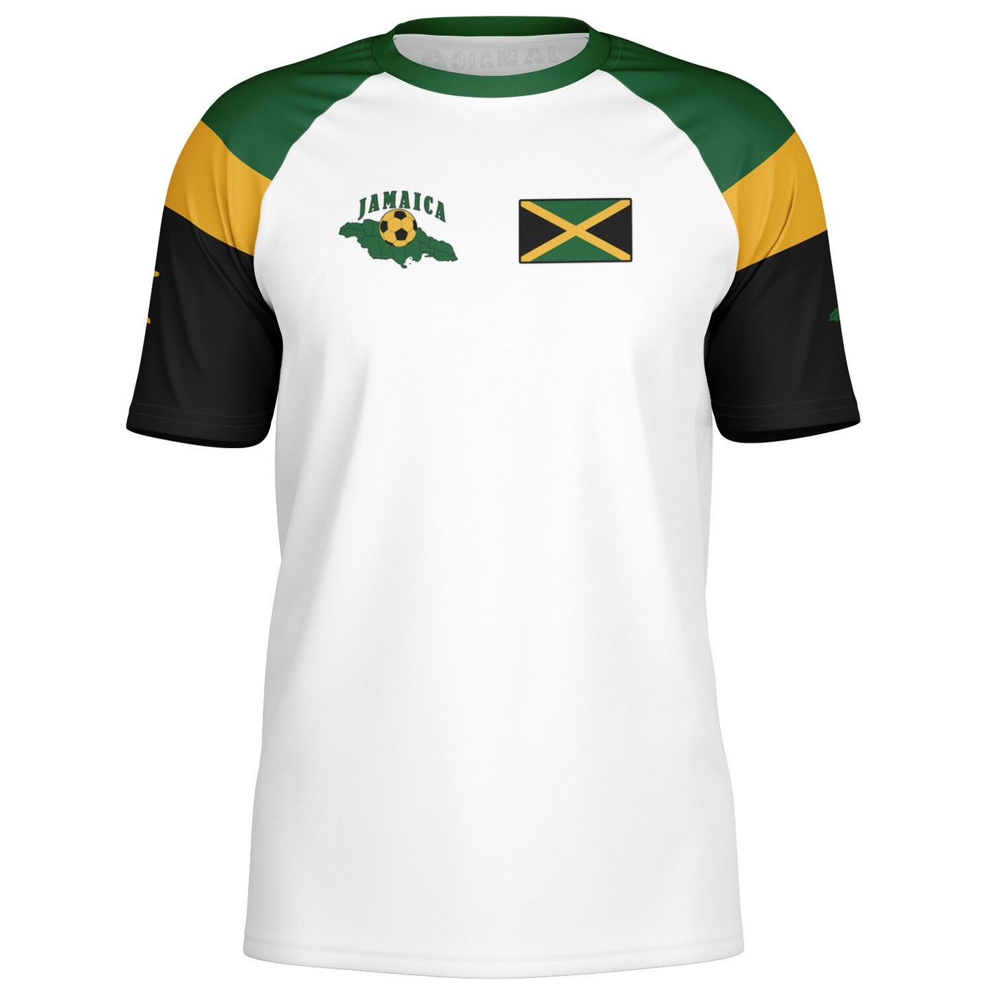 Front view of the jersey laid flat, black sleeves and green and gold shoulder panels.