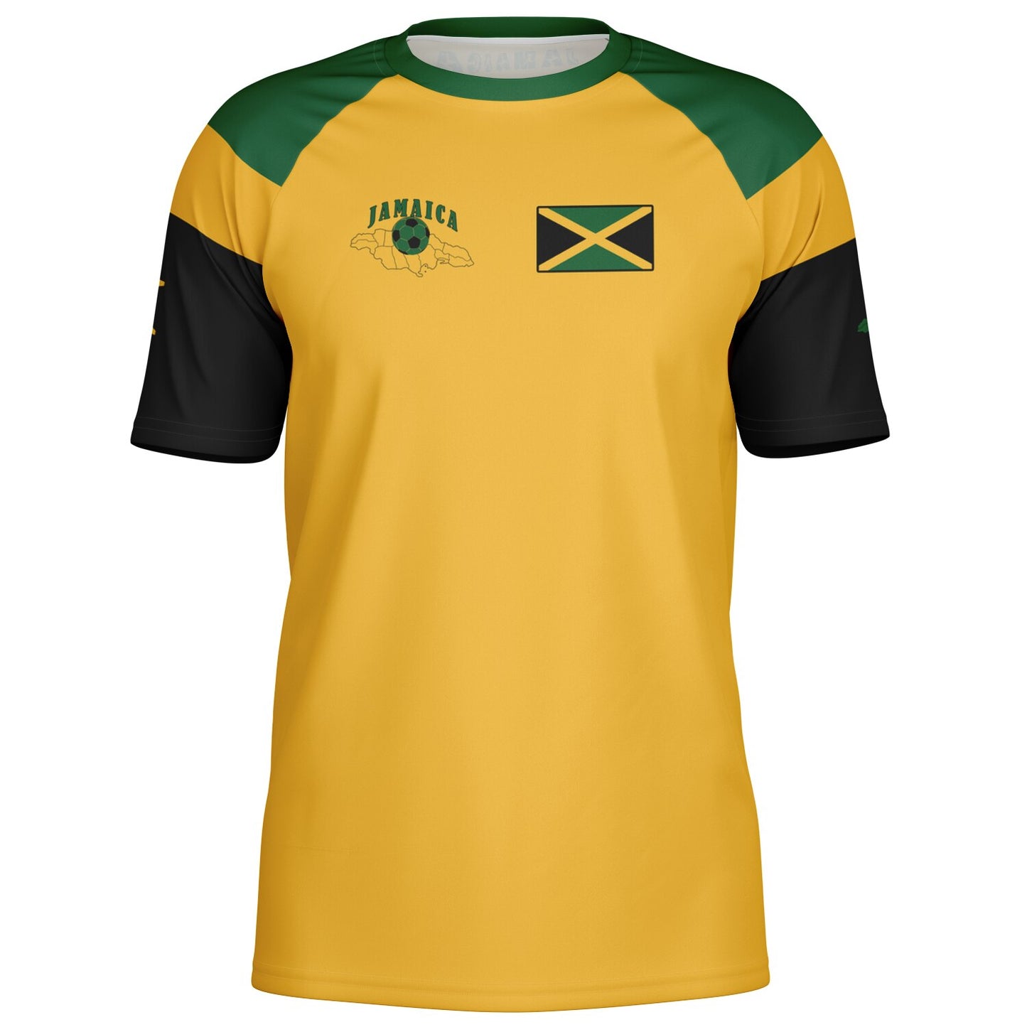 Angled front view of the yellow Jamaica jersey with green raglan shoulders and black sleeves.