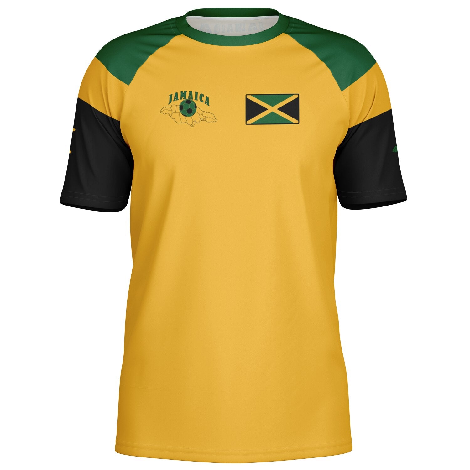 Angled front view of the yellow Jamaica jersey with green raglan shoulders and black sleeves.