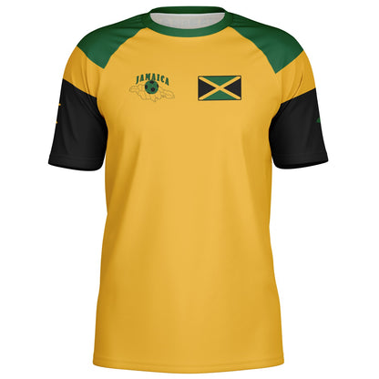 Angled front view of the yellow Jamaica jersey with green raglan shoulders and black sleeves.