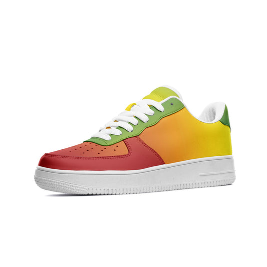 Rasta Mens Shoes, Womens Rasta Shoes, Jamaican Colors Shoes on a white background as a product mockup.