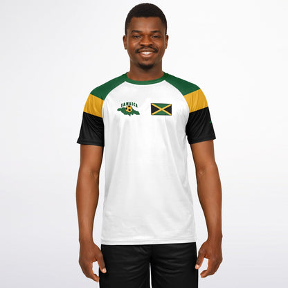 Man wearing the white Jamaica soccer jersey with black shorts, front chest flag visible.