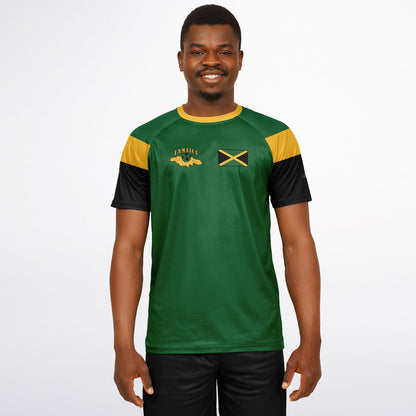 Man wearing the green Jamaica jersey with black shorts, chest flag and island map visible.