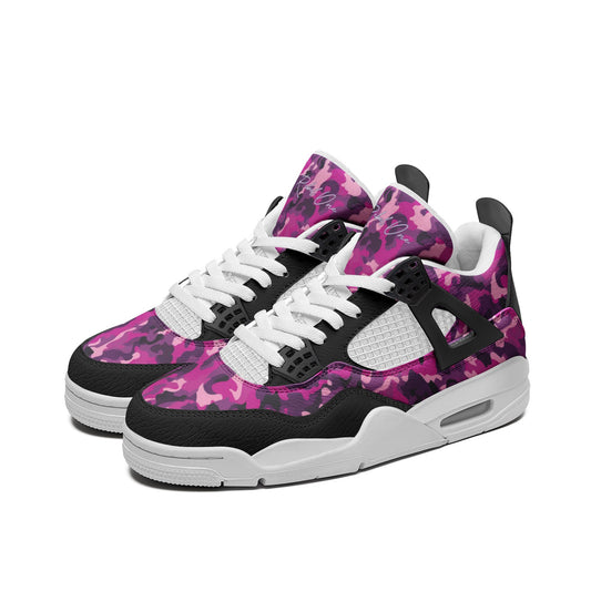 Camo Shoes, Camo Basketball Sneakers, Purple and Pink Camo Mid Tops on a white background as a product image.