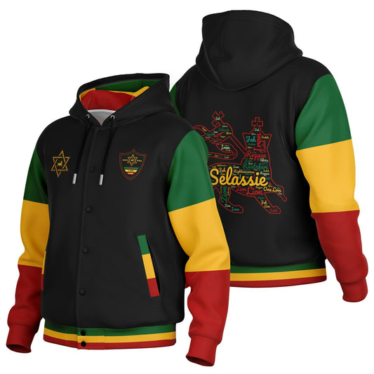 Rasta Lion Of Judah Hooded Baseball Jacket Black