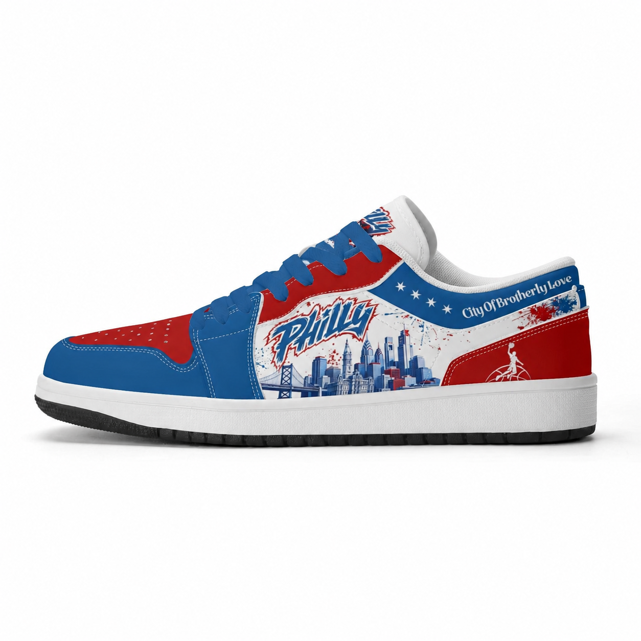 Philadelphia basketball-inspired Jamrock Low sneaker in red, white, and blue with blue laces, side view with Philly skyline print
